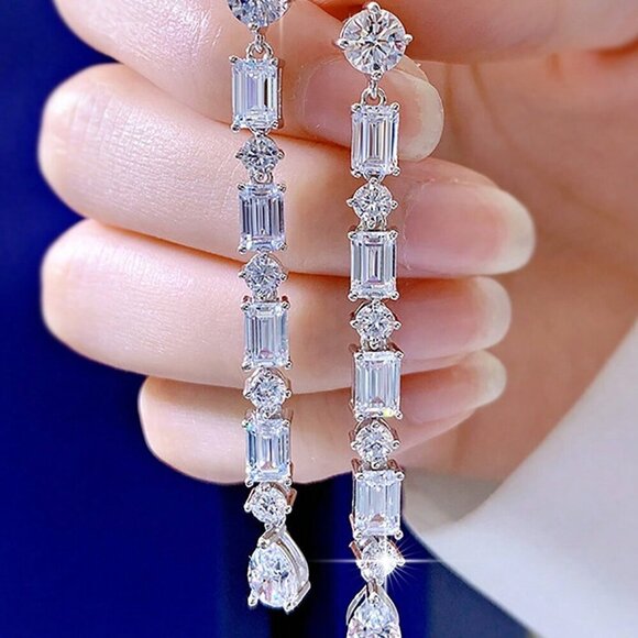 Luxury Silver Geometric Cubic Zirconia Dangle Women's Earrings - Picture 3 of 8